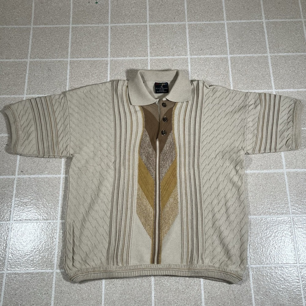 VTG Bergati Coogi Style Sweater Polo Shirt Short Sleeve 90s Mens XL Blue 3D Knit